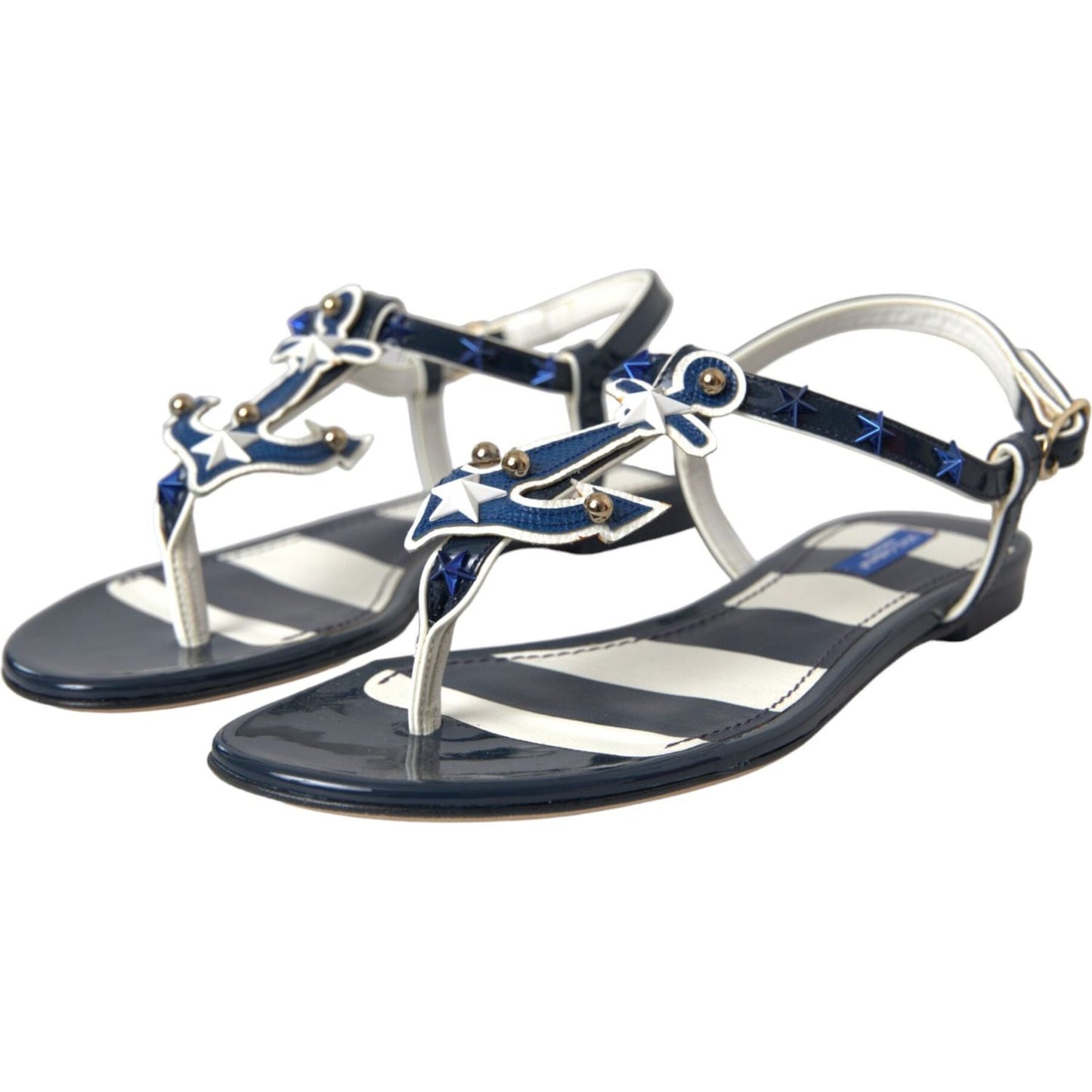 Dolce & Gabbana Blue Stripes Leather Studded Flats Sandals Shoes Dolce & Gabbana