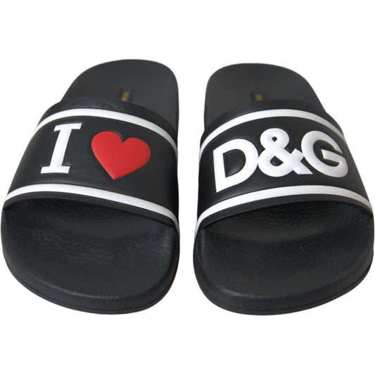 Black Leather I Love D&G Sandals Slides Shoes