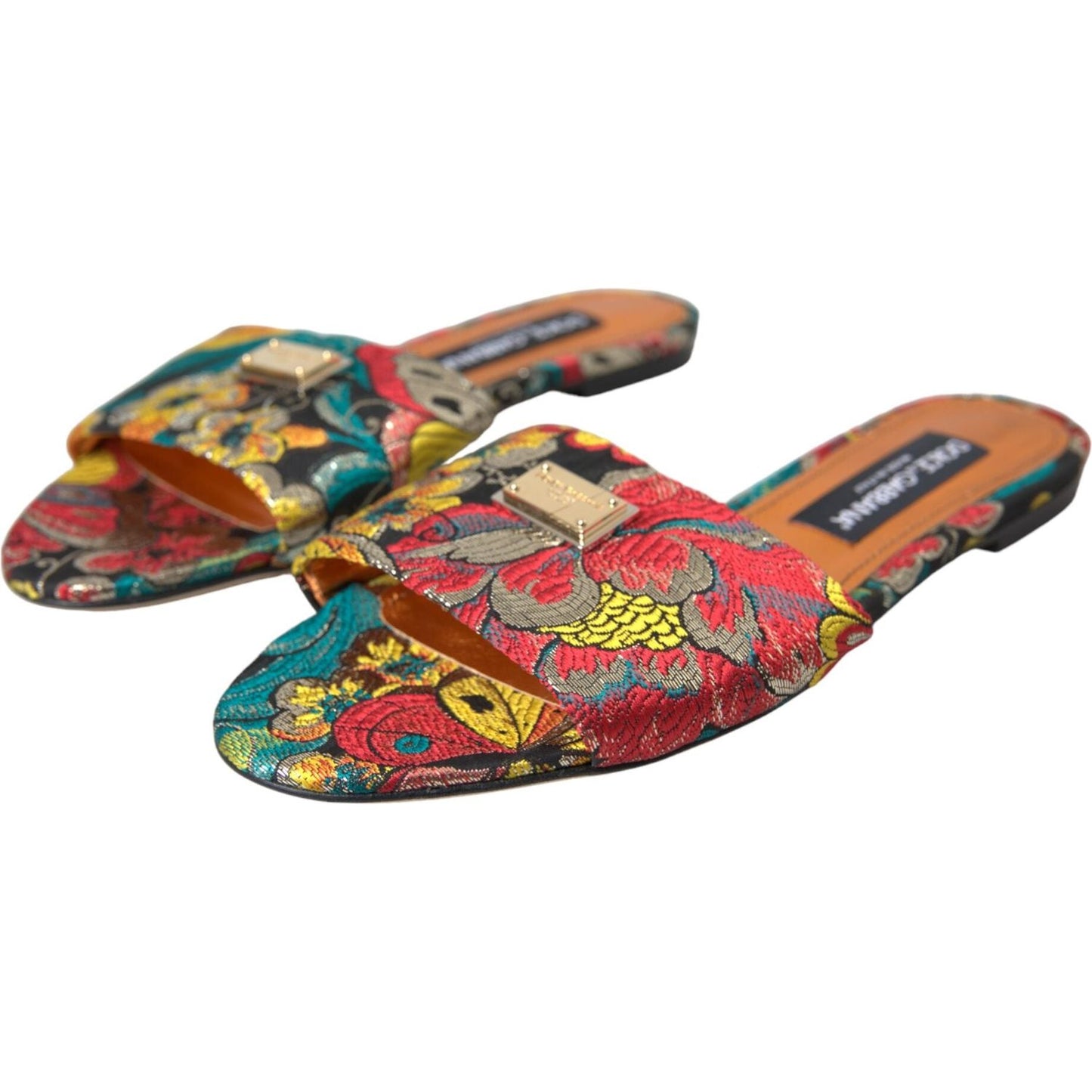 Dolce & Gabbana Multicolor Floral Brocade Logo Flats Sandals Shoes Dolce & Gabbana