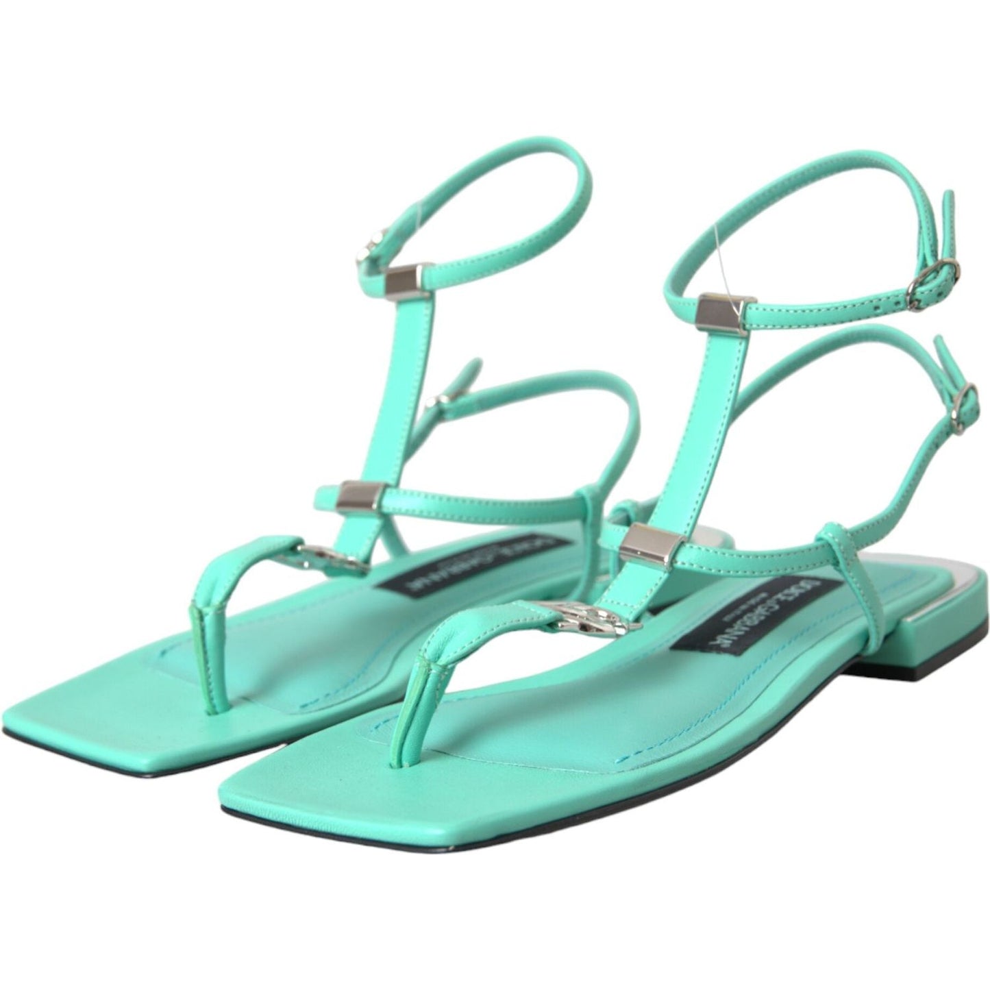 Dolce & Gabbana Aqua Green Leather Ankle Strap Flats Sandals Shoes Dolce & Gabbana