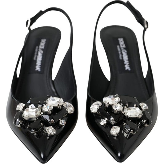 Black Patent Leather Crystal Slingback Shoes