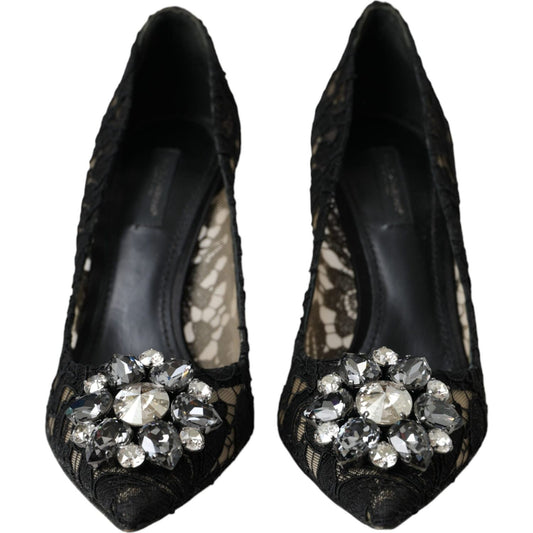 Black Taormina Lace Crystal Heel Pumps Shoes