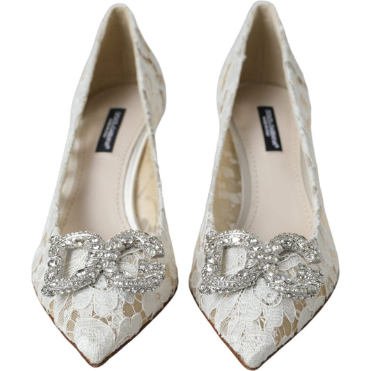 White Floral Lace DG Crystal Pumps Shoes