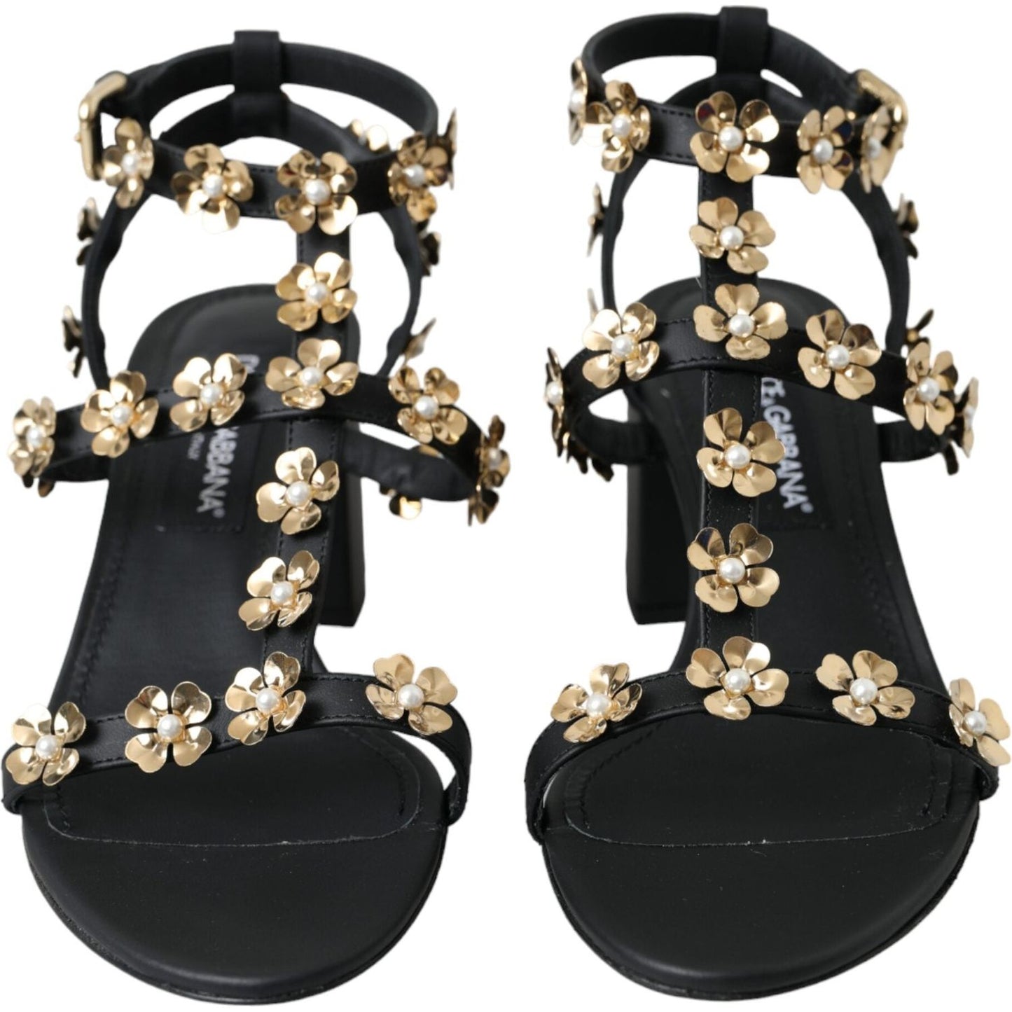 Dolce & Gabbana Black Leather Embellished Heel Sandal Shoes Dolce & Gabbana