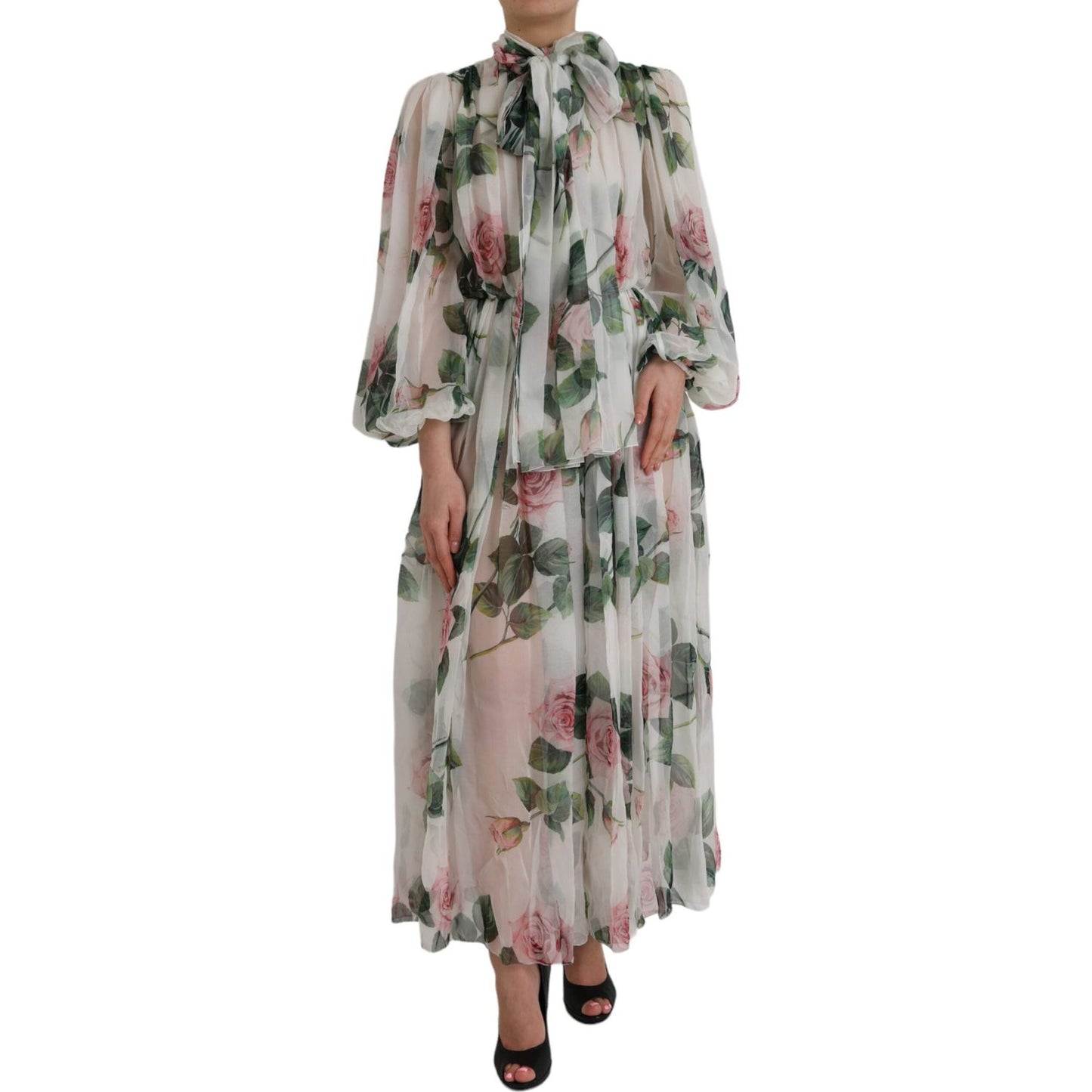 Dolce & Gabbana White Silk Floral Print Long Maxi Dress Dolce & Gabbana