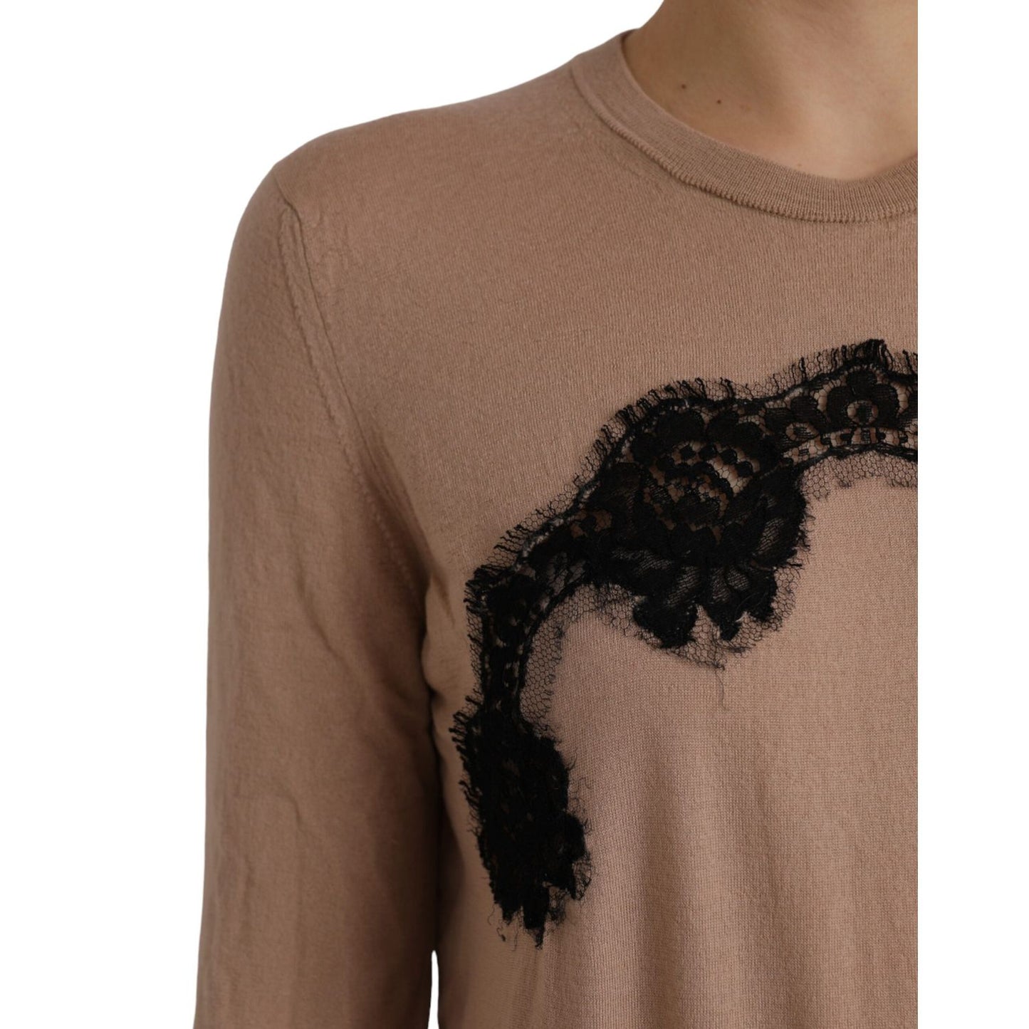 Dolce & Gabbana Brown Wool Black Lace 3/4 Sleeve Blouse Top