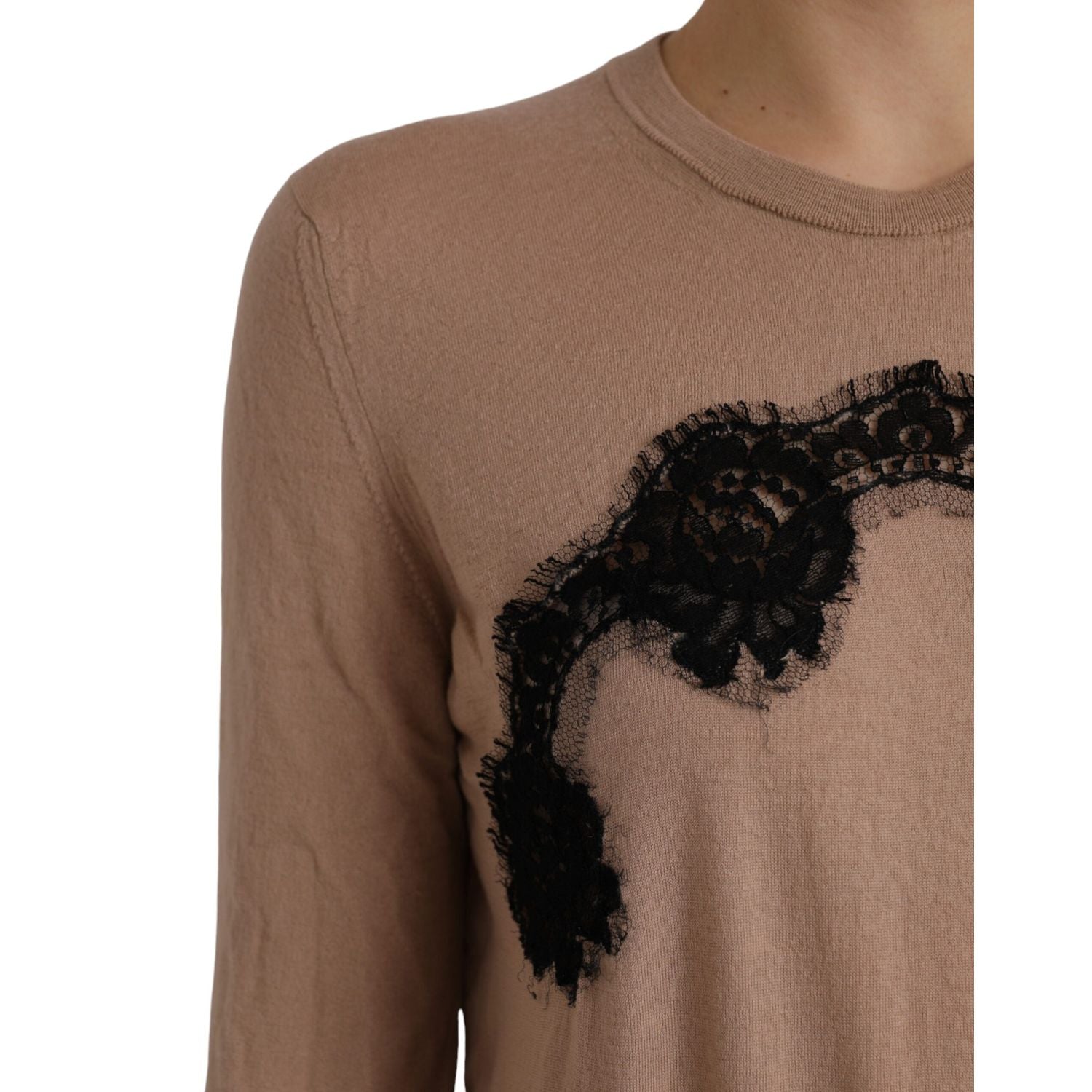 Dolce & Gabbana Brown Wool Black Lace 3/4 Sleeve Blouse Top