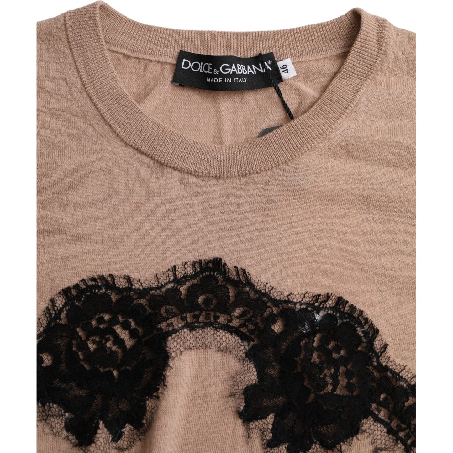 Dolce & Gabbana Brown Wool Black Lace 3/4 Sleeve Blouse Top Dolce & Gabbana