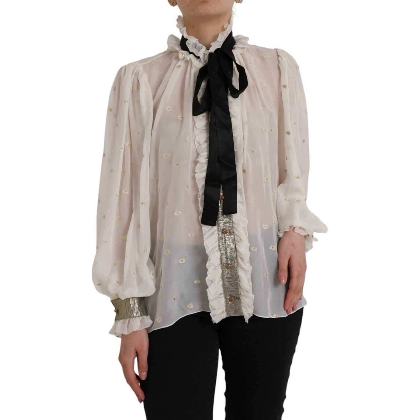 Dolce & Gabbana Off White Silk Blend Ascot Collar Blouse Top Dolce & Gabbana