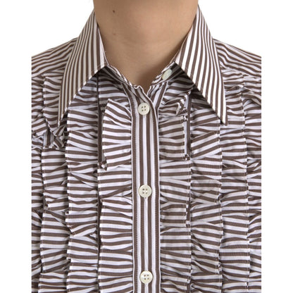 Dolce & Gabbana White Stripes Cotton Long Sleeves Ruffle Collar Top