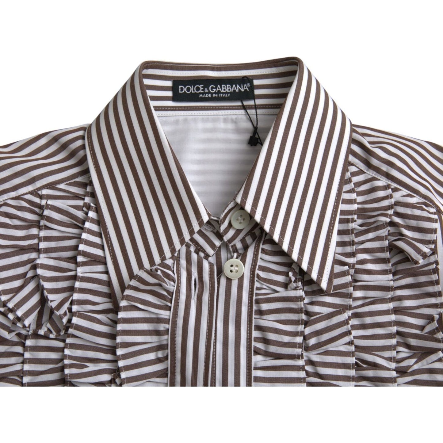 Dolce & Gabbana White Stripes Cotton Long Sleeves Ruffle Collar Top