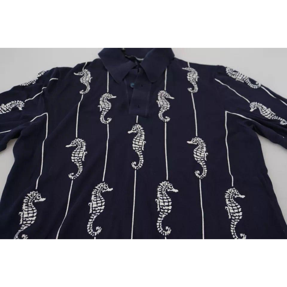 Dolce & Gabbana Dark Blue Sea Horse Collared Polo T-shirt Dolce & Gabbana