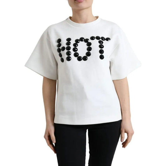 Dolce & Gabbana White Cotton Stretch Black HOT Crystal T-shirt