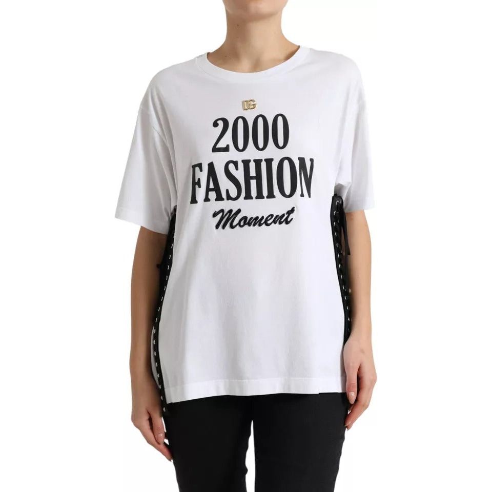 Dolce & Gabbana White Slogan Print Lacing Detailed T-shirt Dolce & Gabbana