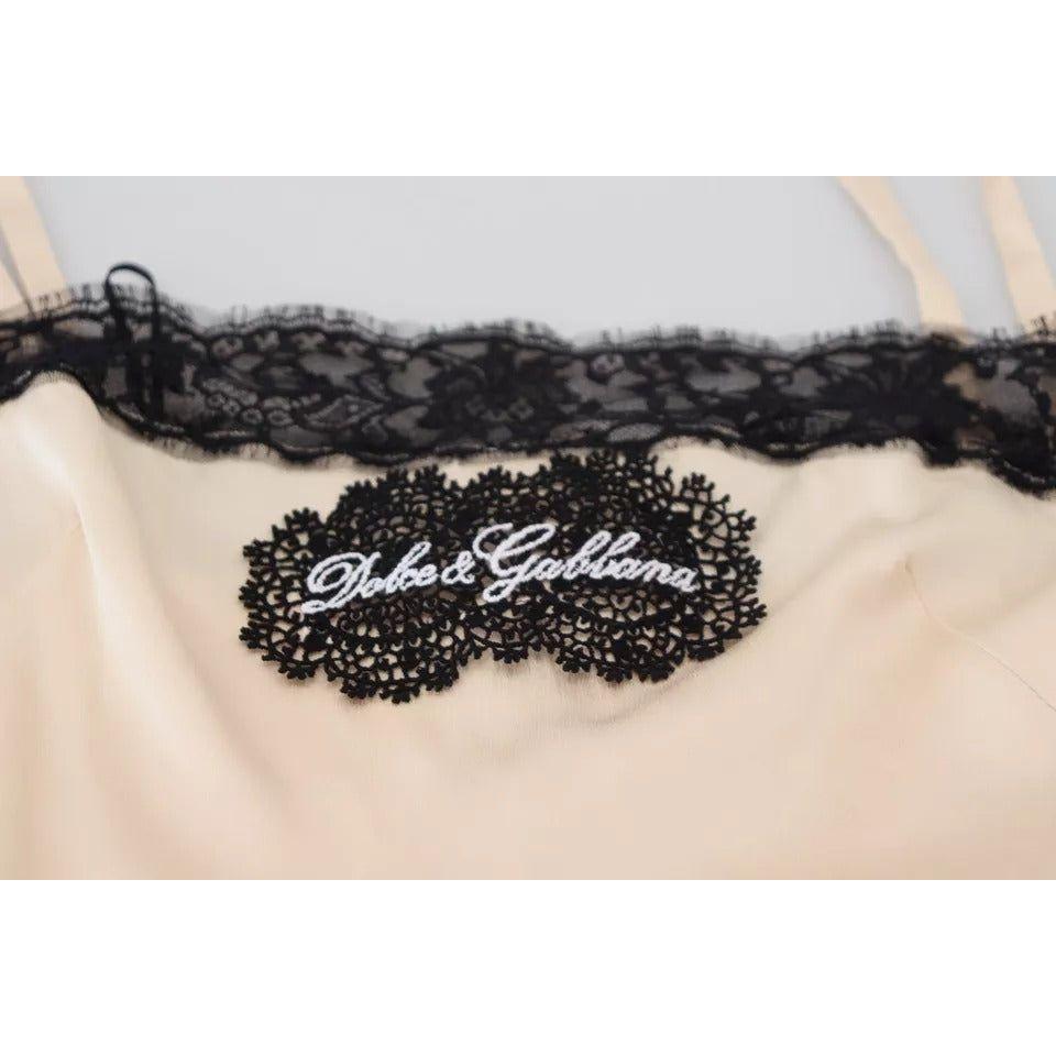 Dolce & Gabbana Beige Lace Spaghetti Logo Embroidery Top Dolce & Gabbana