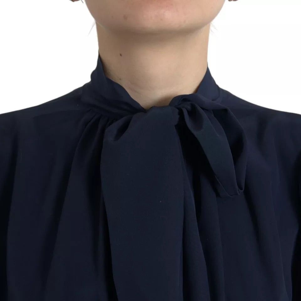 Dolce & Gabbana Blue Long Sleeves Ascot Collar Blouse Top Dolce & Gabbana