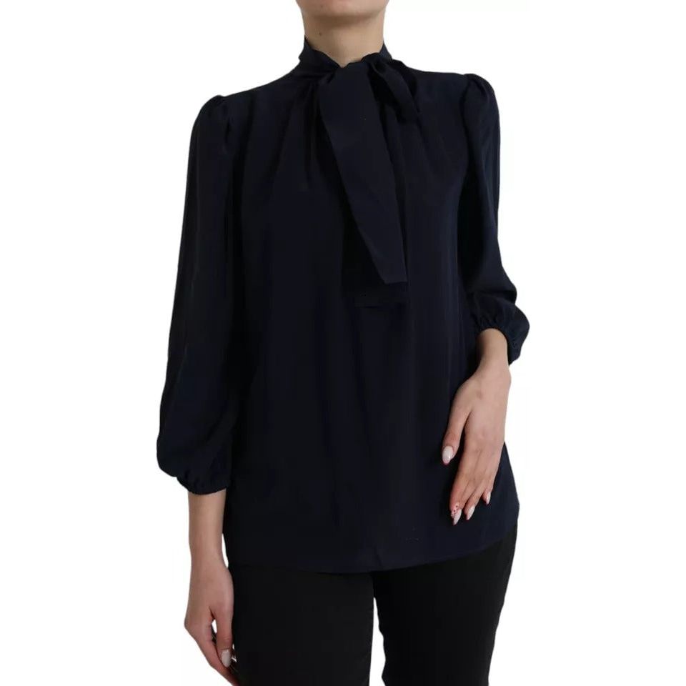 Dolce & Gabbana Blue Long Sleeves Ascot Collar Blouse Top Dolce & Gabbana