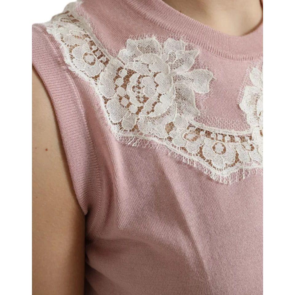 Dolce & Gabbana Pink Cashmere Lace Trim Sleeveless Tank Top Dolce & Gabbana