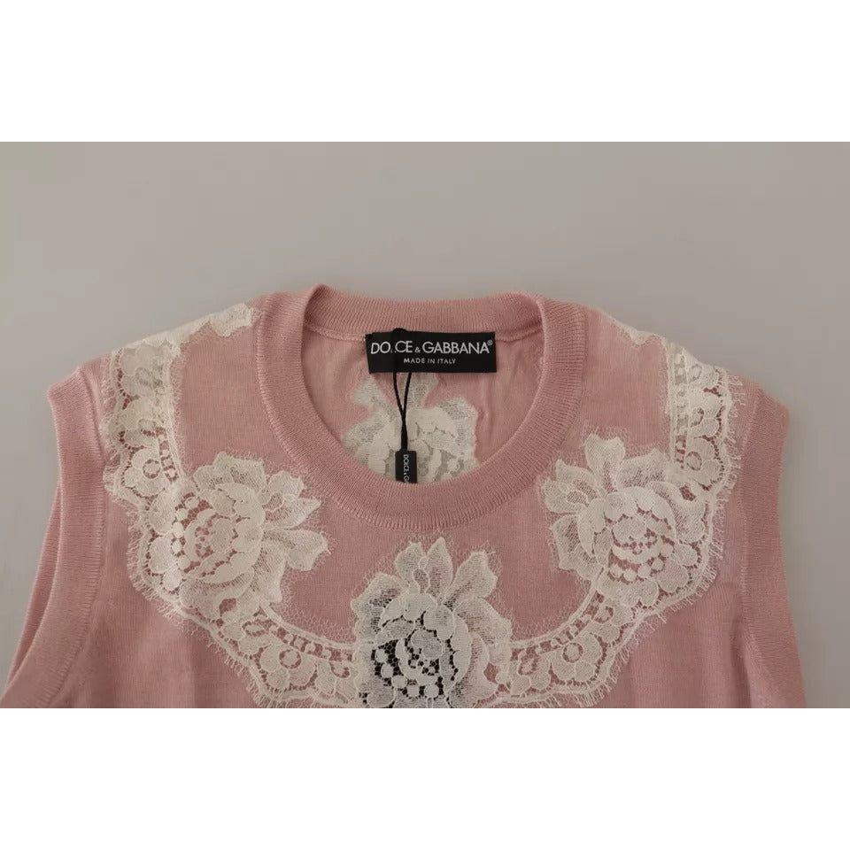 Dolce & Gabbana Pink Cashmere Lace Trim Sleeveless Tank Top Dolce & Gabbana