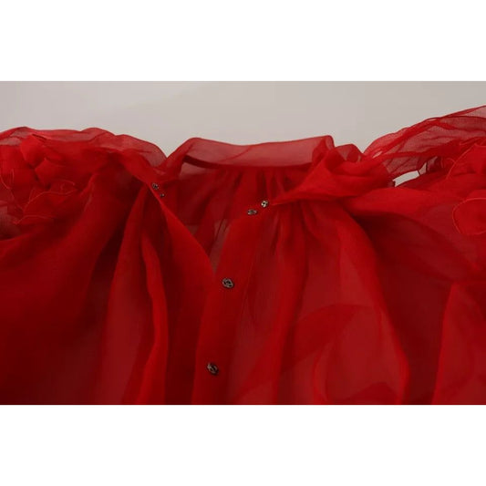 Red Silk Ascot Collar Ruffles Blouse Top