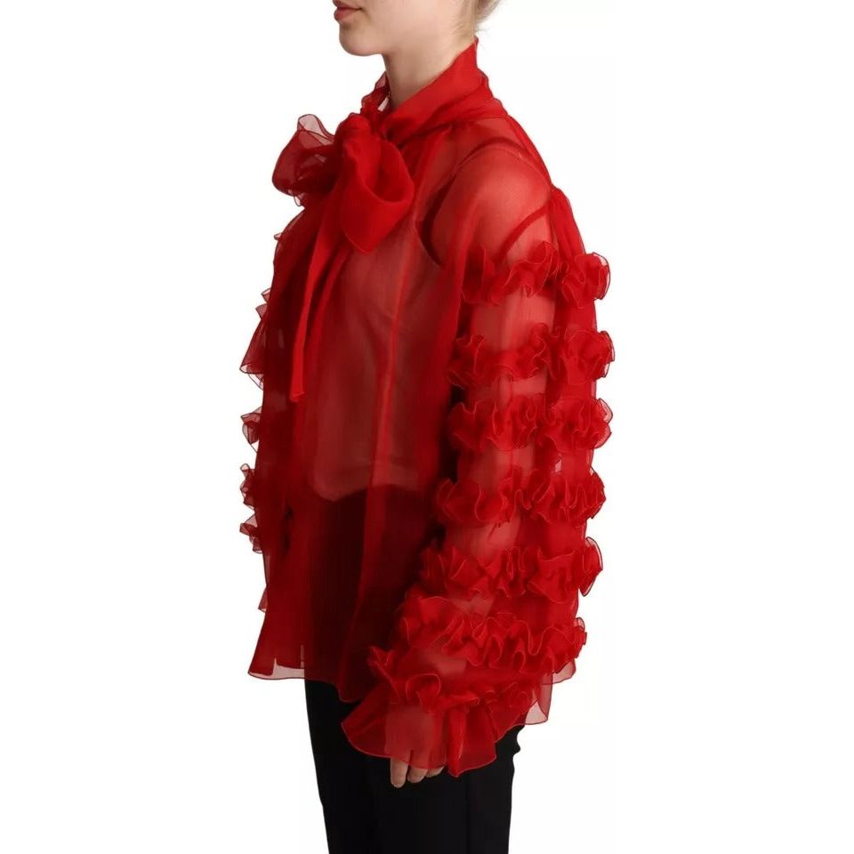 Dolce & Gabbana Red Silk Ascot Collar Ruffles Blouse Top Dolce & Gabbana