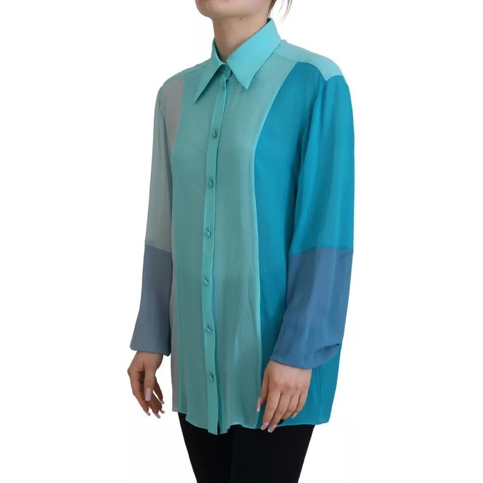 Dolce & Gabbana Blue Collar Long Sleeve Blouse Silk Top Dolce & Gabbana