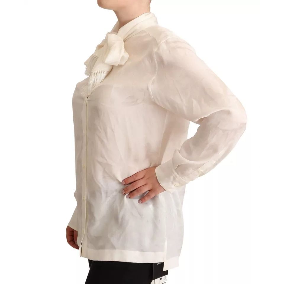 Dolce & Gabbana White Blouse Ascot Collar Shirt Silk Button Top