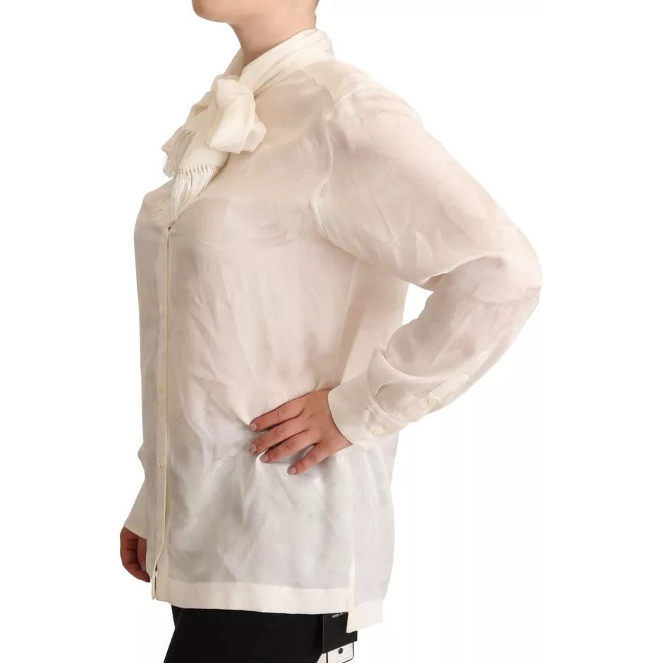 Dolce & Gabbana White Blouse Ascot Collar Shirt Silk Button Top Dolce & Gabbana