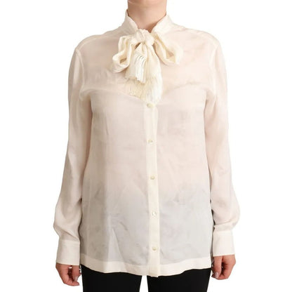 Dolce & Gabbana White Blouse Ascot Collar Shirt Silk Button Top