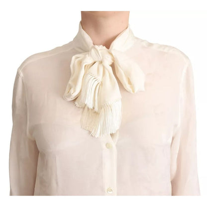 Dolce & Gabbana White Blouse Ascot Collar Shirt Silk Button Top