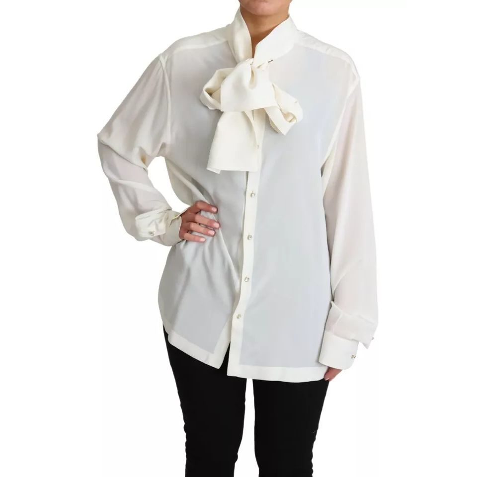Dolce & Gabbana White Blouse Ascot Collar Shirt Silk Top