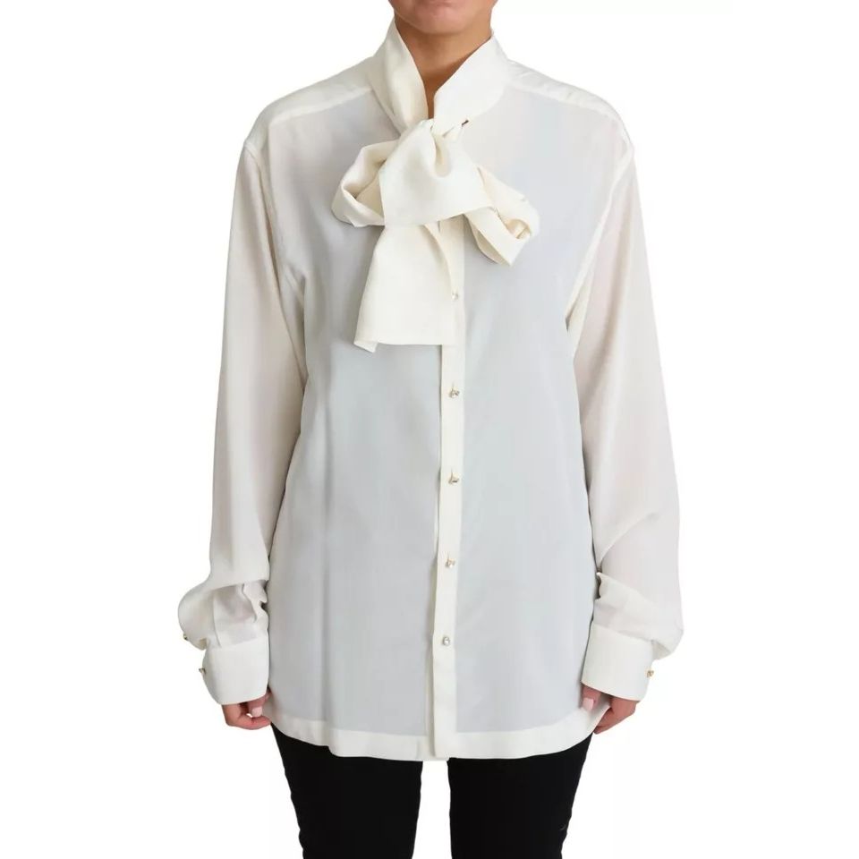 Dolce & Gabbana White Blouse Ascot Collar Shirt Silk Top