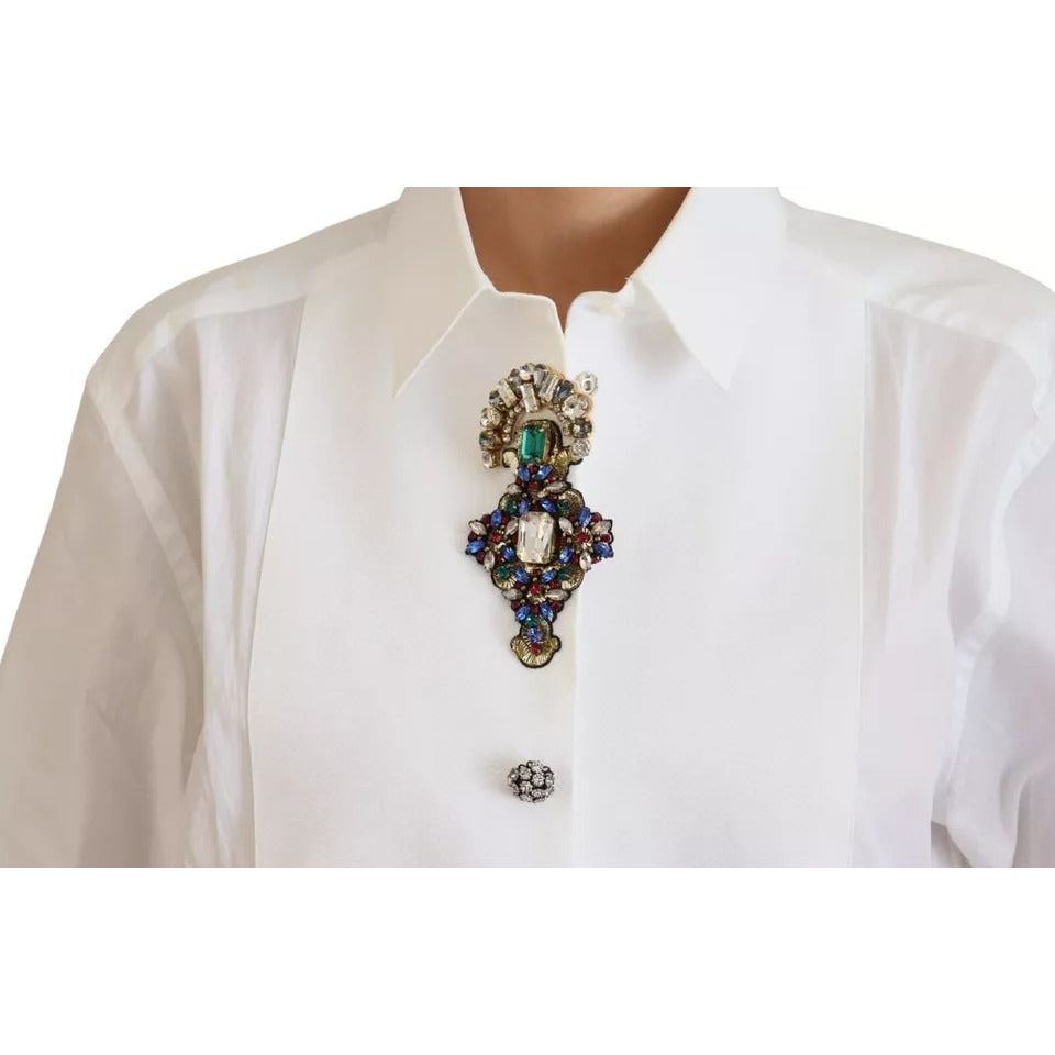 Dolce & Gabbana White Cotton Crystals Shirt Embellished Top Dolce & Gabbana