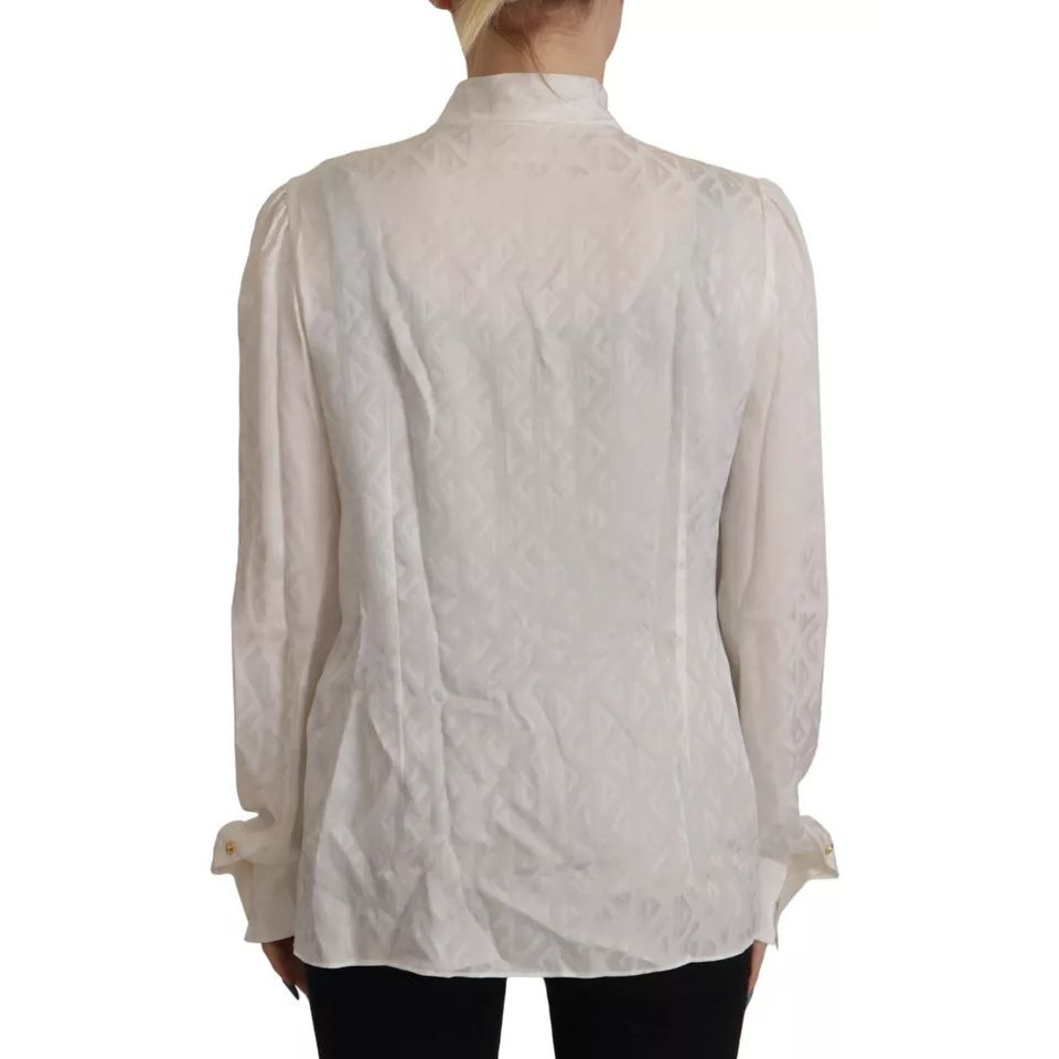 Dolce & Gabbana White Patterned Silk Ascot Collar Blouse Top