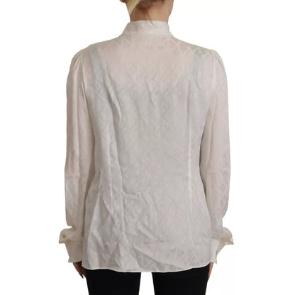 Dolce & Gabbana White Patterned Silk Ascot Collar Blouse Top