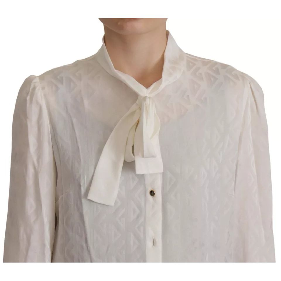 Dolce & Gabbana White Patterned Silk Ascot Collar Blouse Top