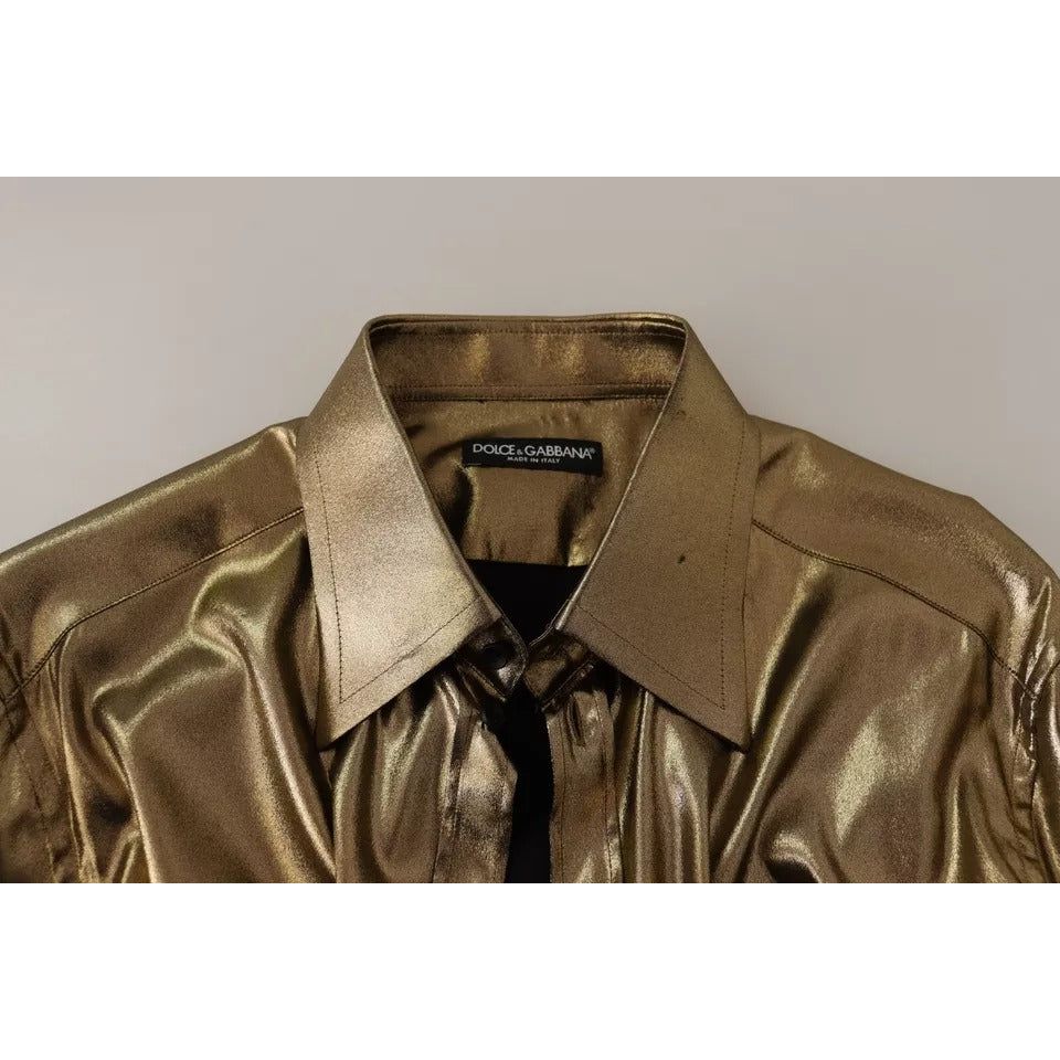 Dolce & Gabbana Metallic Gold DG Embroidered Crown Silk Top Shirt Dolce & Gabbana