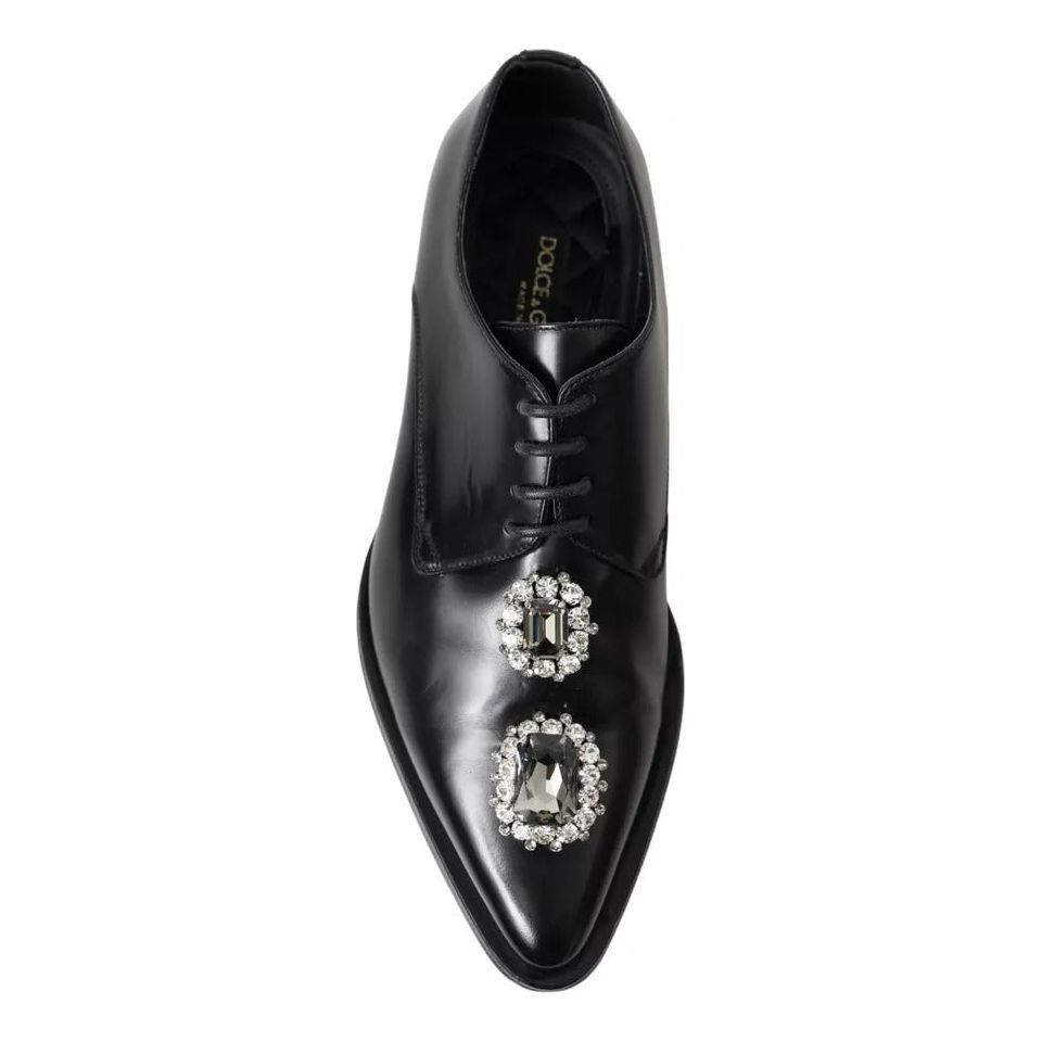 Dolce & Gabbana Black Leather Crystal Lace Up Formal Shoes Dolce & Gabbana