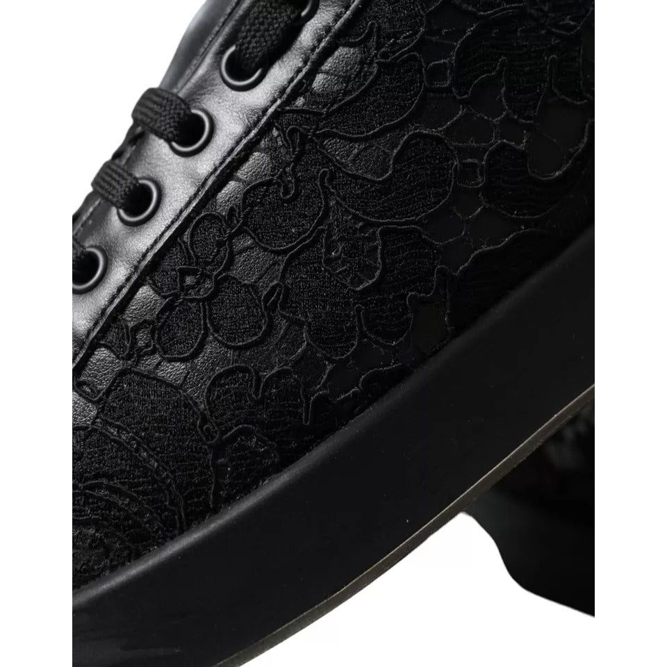 Dolce & Gabbana Black Floral Lace Leather Women Sneakers Shoes Dolce & Gabbana