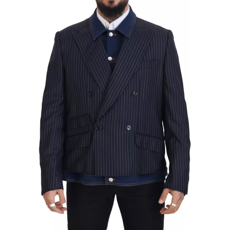 Dolce & Gabbana Blue Striped Double Breasted Denim Blazer Dolce & Gabbana