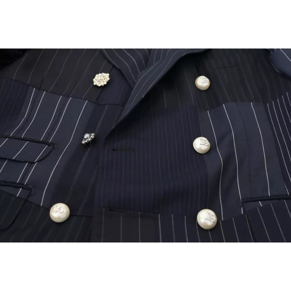 Dolce & Gabbana Blue Wool Patchwork Double Breasted Blazer Dolce & Gabbana