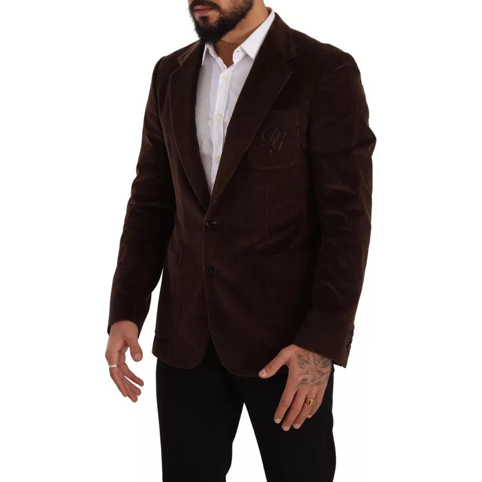 Dolce & Gabbana Brown Corduroy Slim Fit Coat DG Logo Blazer Dolce & Gabbana