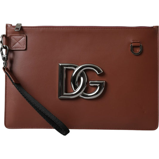 Dolce & Gabbana Brown Calfskin Leather DG Logo Pouch Wrist Strap Bag Dolce & Gabbana