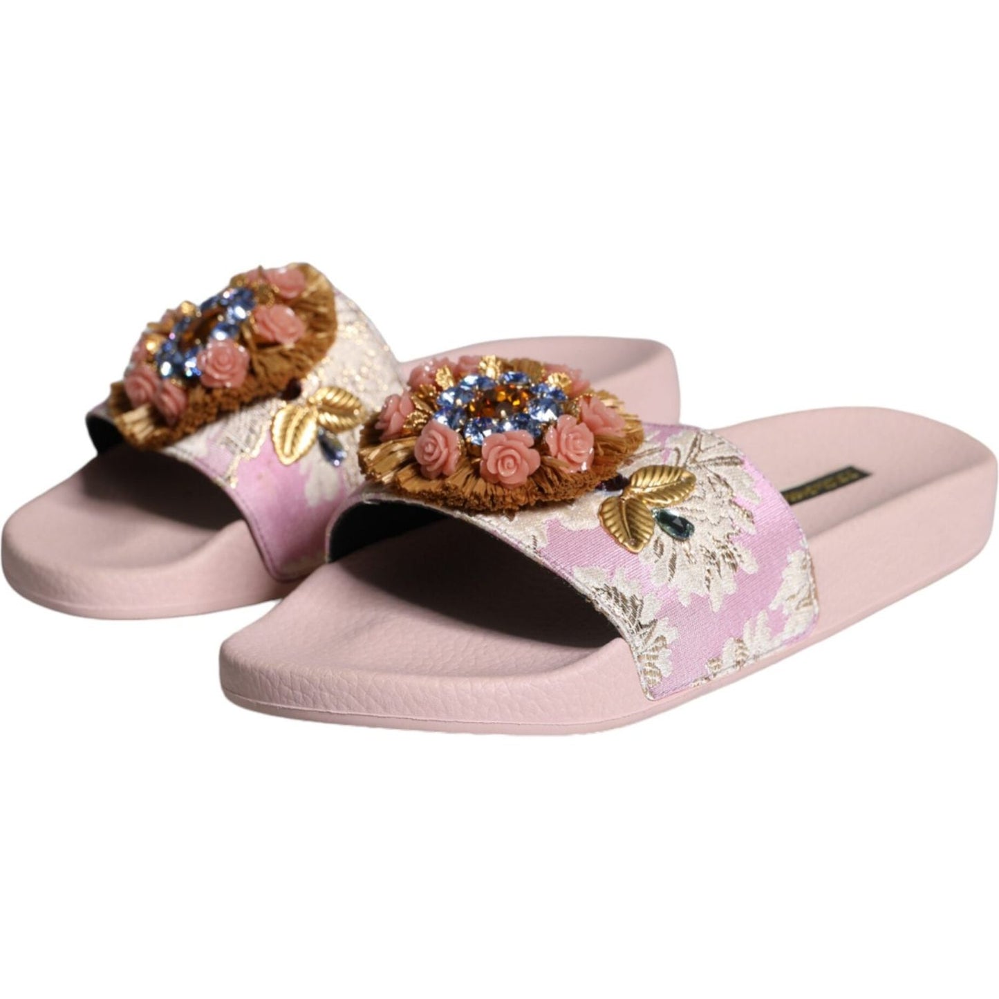 Dolce & Gabbana Pink Brocade Crystal Sandals Slides Beachwear Shoes Dolce & Gabbana