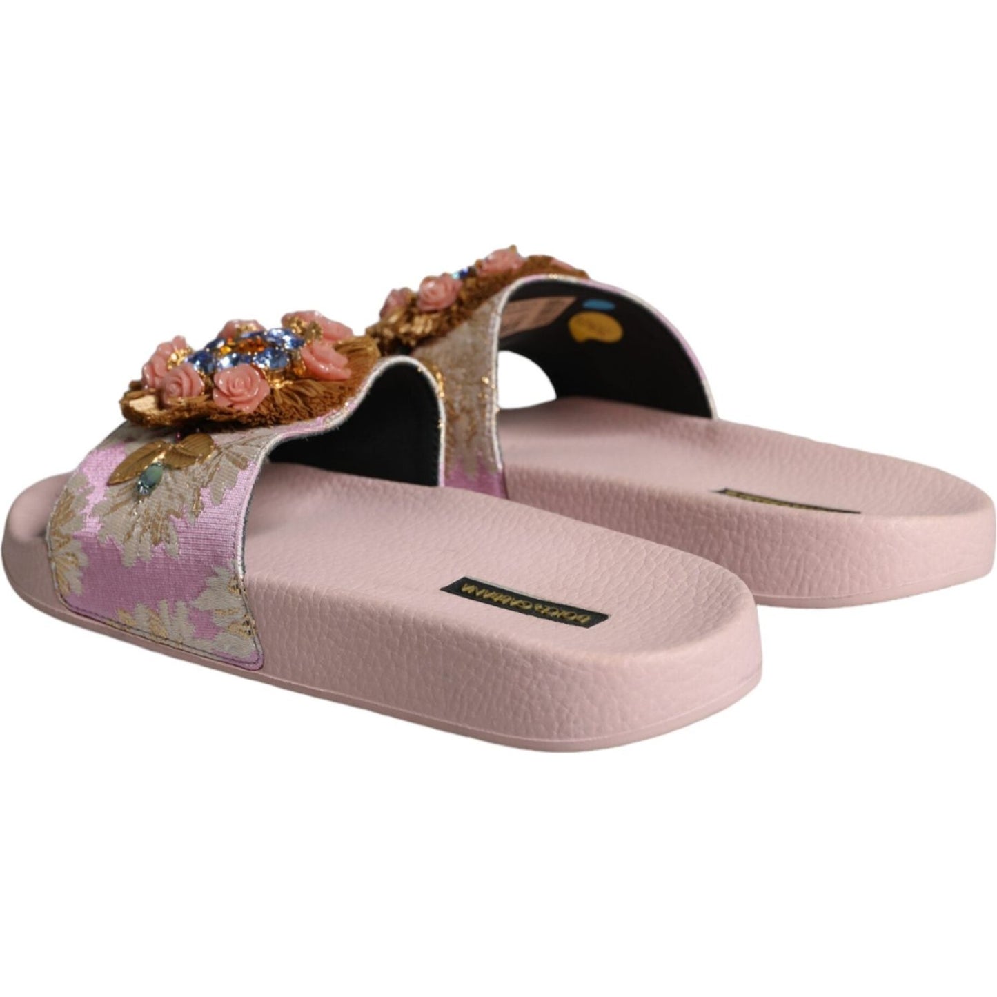 Dolce & Gabbana Pink Brocade Crystal Sandals Slides Beachwear Shoes Dolce & Gabbana