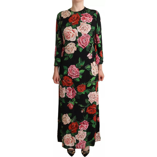 Black Floral Print Silk Long Maxi Gown Dress