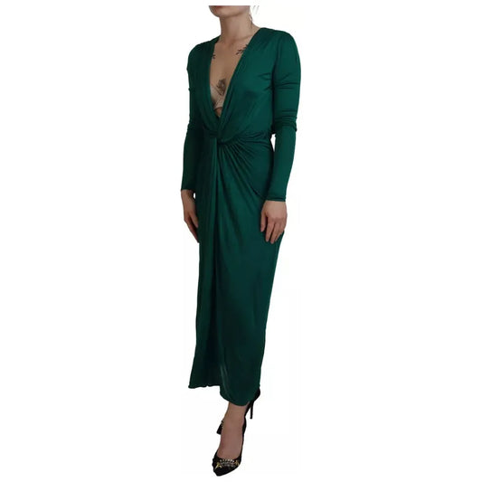 Dark Green Viscose Long Sleeve Midi Dress