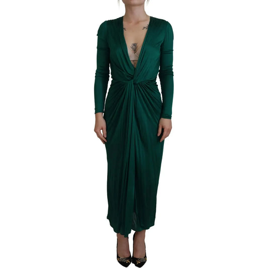 Dark Green Viscose Long Sleeve Midi Dress