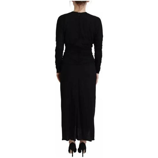 Black Sheath Midi Gown Wool Wrap Dress