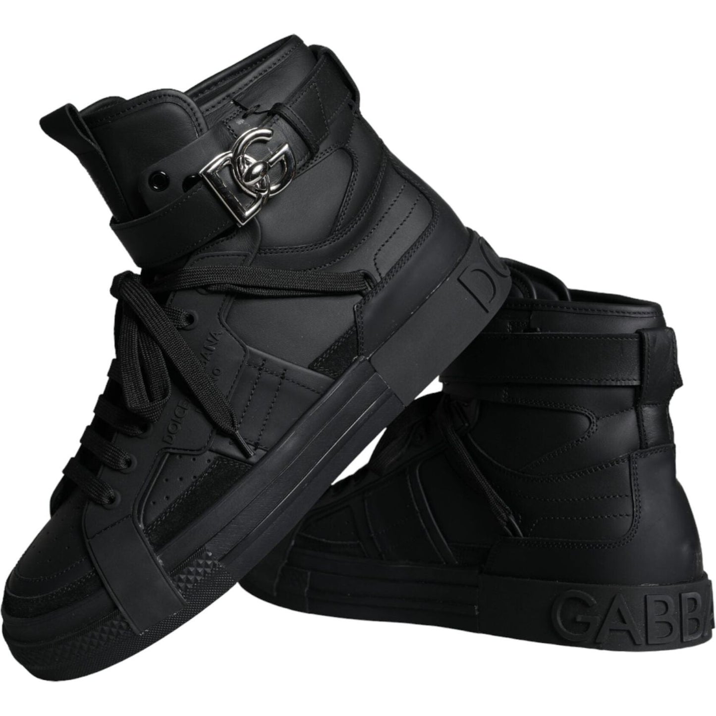 Dolce & Gabbana Black Leather High Top Logo Sneakers Shoes Dolce & Gabbana